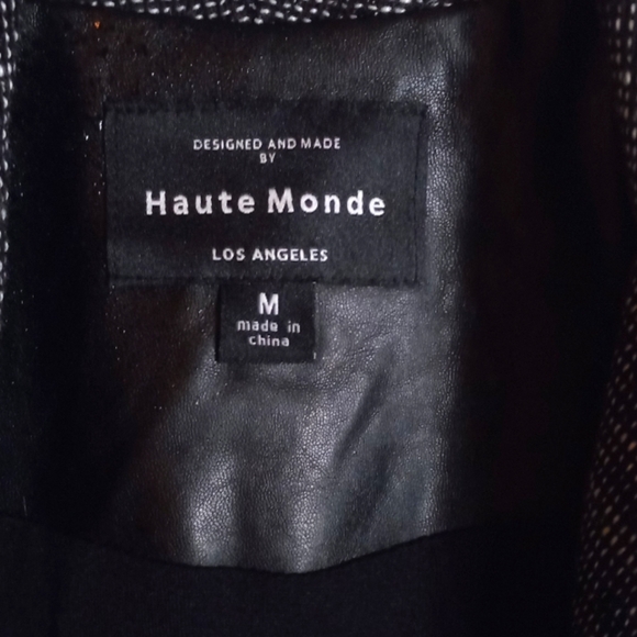 Haute Monde Women's Medium Black & White Tweed Sweater with Faux Leather Sleeves - Picture 2 of 10